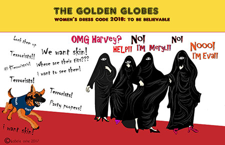 a group of women at the Golden Globe dressed with burka chased by a dog